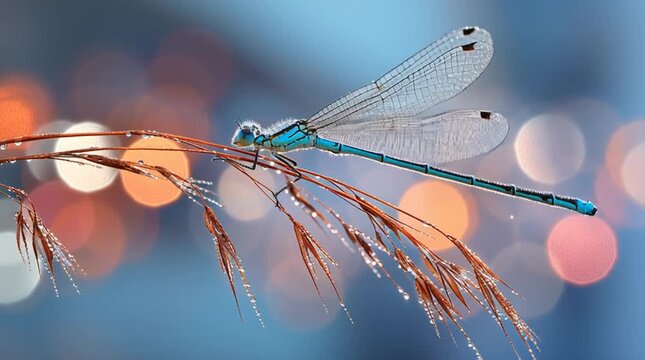 A damselfly clinging to a reed at dawn, wings beaded with dew and background softly blurred