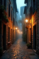 Fototapeta premium A narrow, cobblestone alleyway in an old European town, illuminated by streetlights. 