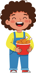 Smiling child holding bucket of fried chicken happy kid with curly hair and casual clothes vector illustration 
