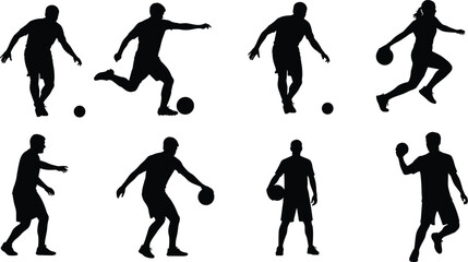 Silhouette athletes playing soccer, basketball, and handball, sports action poses, dynamic movement, fitness training, black outline figures on white background, vector illustration