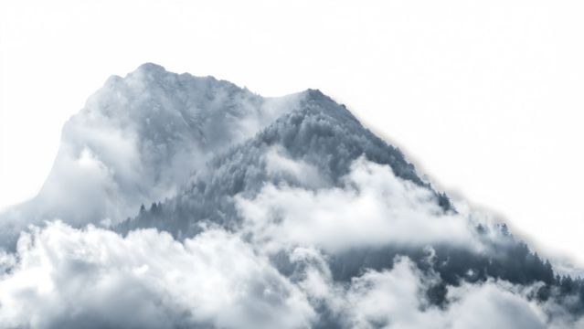 Misty forest peaks under glitchy sky isolated on a transparent background mountains