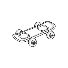 A simple black and white doodle of a skateboard. This hand-drawn vector sketch icon is perfect for street style, extreme sports, or retro 90s-themed designs.