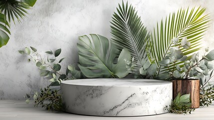 3D product display podium, round marble platform with subtle veins, surrounded by artfully arranged tropical leaves, pure white seamless background, minimal and elegant style, soft natural light