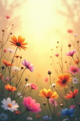Obraz premium A pastel drawing of a tranquil, sun-drenched meadow filled with wildflowers. 