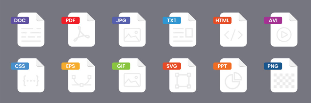 Set of files format and document icon collection. Audio, video, image, system, archive, code and document file symbol.