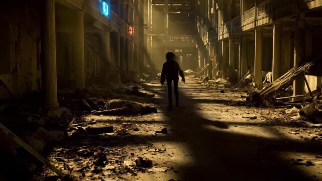 ghosts walks down dark, empty hallway. hallway is filled with debris and rubble, giving impression of destroyed building. ghosts in building after pogrom, disorder and house.