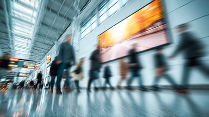 Motion blur of people walking in a transportation hub, with a large screen in the background, making it suitable as a dynamic background for digital graphics.