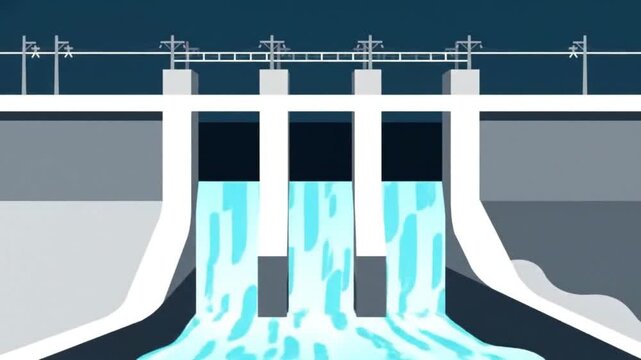 A modern hydroelectric dam illustration showcases water flowing through its gates, generating clean energy for sustainable power grids.