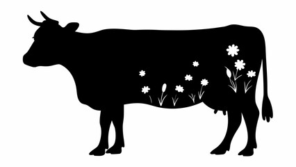 Silhouette of a cow decorated with white flowers and grass on its body standing on a white background