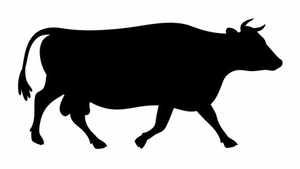 Silhouette of a walking cow with horns and a tail in black against a white background, facing right side