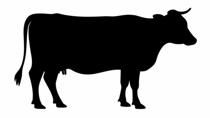 Silhouette of a cow standing in profile with visible udder tail and horns against a white background