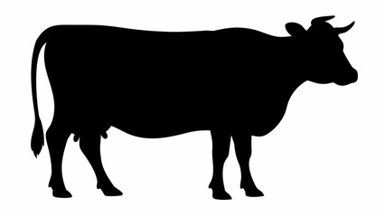 Silhouette of a dairy cow standing in profile with horns, tail, and udders visible against white background