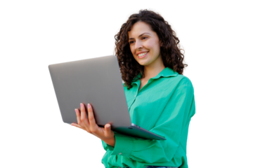 Professional businesswoman working on laptop, representing digital workplace with transparent background, highlighting contemporary corporate communication