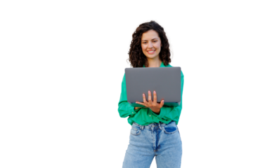 Curly-haired woman in green shirt smiling, gripping laptop against transparent backdrop