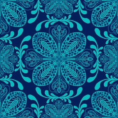 seamless pattern with flowers,blue curves and painted to create flowers shape,leaves with blue background in geometric patterns to as sarong,tile,printed fabric,batik,fabric,tablecloth patterns.