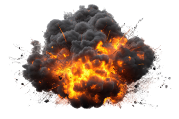 Realistic fiery explosion with dark smoke and bright flames capturing the intense energy of a powerful blast in an open area, showcasing the force and impact of an explosive event