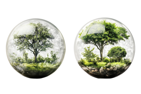 Ecological concept showcasing green planet earth with diverse trees in transparent spheres emphasizing environmental sustainability and biodiversity efforts