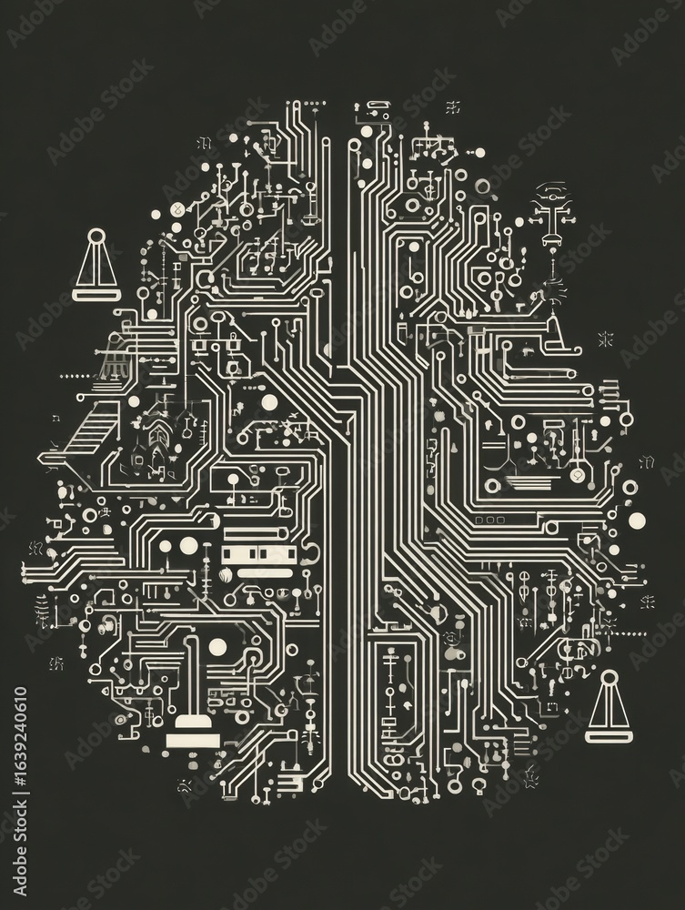 Aufkleber intricate circuit board design resembling a human brain created with artistic precision on a dark ba
