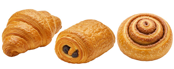 A set of classic French pastries featuring a croissant, a pain au chocolat, and a cinnamon roll. This delicious collection of viennoiserie is a staple of bakeries and cafes.