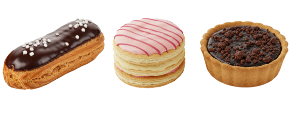 A set of three elegant French pastries: a chocolate eclair, a pink-frosted layered cake, and a chocolate tart. This delicious patisserie assortment offers a taste of gourmet desserts.