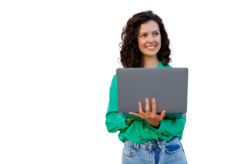 Curly-haired woman in green shirt, gripping laptop, smiling softly with sideways glance against transparent backdrop