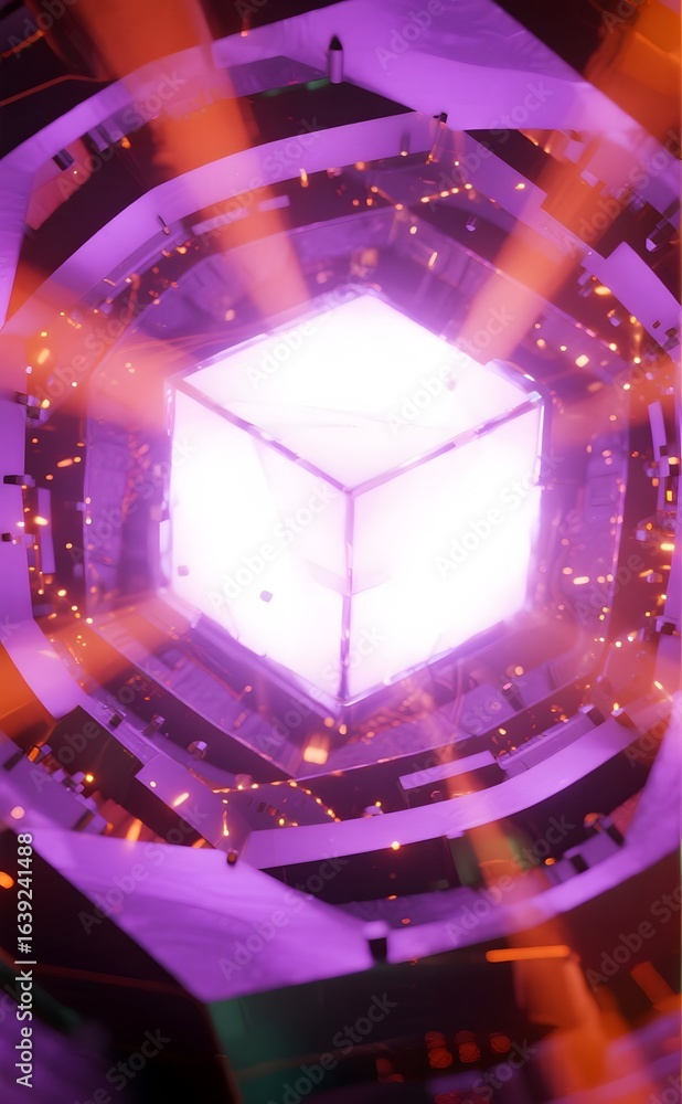Poster glowing cube in futuristic structure