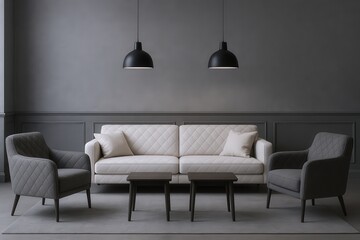 Elegant Living Room Arrangement Featuring a Quilted Sofa, Armchairs, and Pendant Lights with a Sophisticated Gray Palette