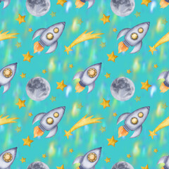 Beautiful turquoise seamless pattern with space rockets, spaceships, stars, full Moon and nebula, night sky space background. Digital watercolor.Cute for the kids design of clothes, textile, wrappers