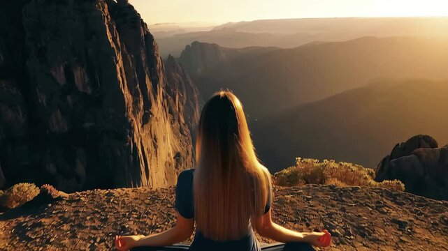 Woman is sitting on rocky mountain top, practicing yoga. scene is serene and peaceful, with sun shining down on woman and mountain in background. meditation in mountains. privacy and self-care