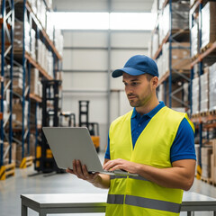 Fototapeta premium Focused Logistics Worker in High-Vis Vest Managing Inventory with Laptop in Warehouse