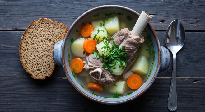 Hearty lamb shank soup with potatoes carrots and fresh herbs on a rustic dark wood table