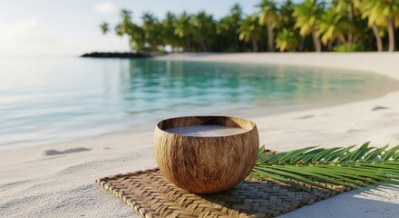 Traditional fijian kava drink in a coconut shell on a sandy beach with palm trees and the ocean