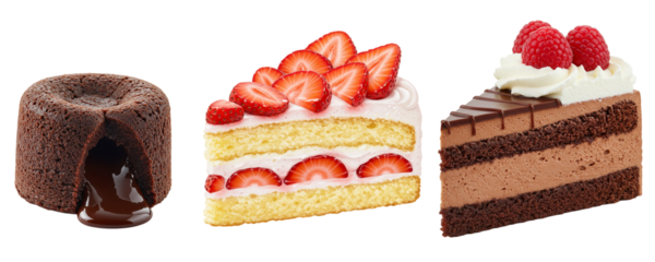 A delicious set of three cake slices: a chocolate lava cake, a strawberry shortcake, and a chocolate layer cake. This assortment represents popular dessert choices from a cafe or restaurant menu.