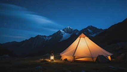 A warmly lit tent set up in a mountainous landscape under a starry night sky