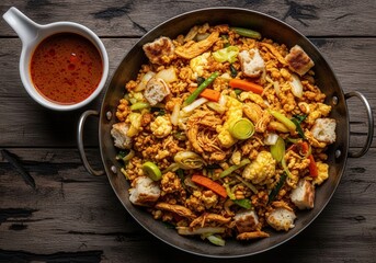 Sri lankan kottu roti a stir fry with shredded flatbread chicken vegetables and curry sauce