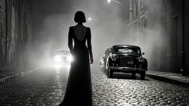 A mysterious woman in a black gown strolls along a dimly lit cobblestone street, surrounded by vintage cars and swirling fog