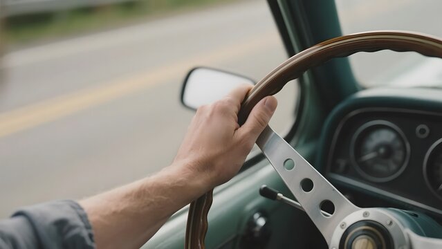Hand gripping the steering wheel of a vintage car while driving on a road