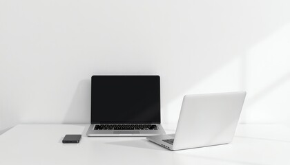 Fototapeta premium minimalist office table with sleek silver laptop white wall background soft shadow lighting studio style