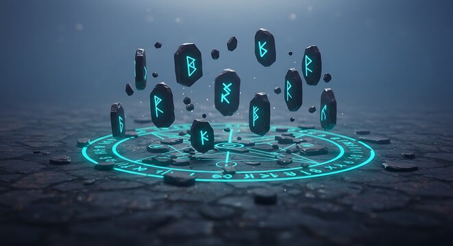 Mystical runes levitate over glowing magic circle
