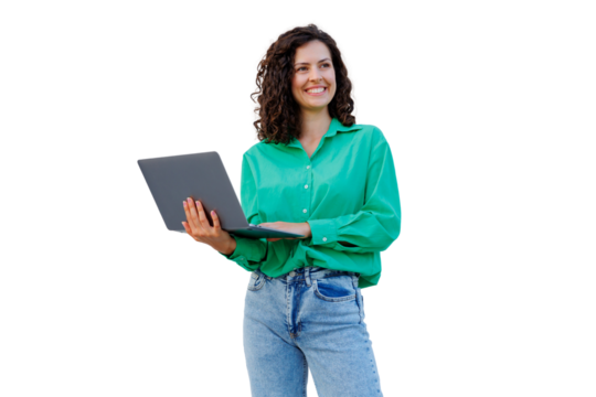 Professional businesswoman working on laptop, smiling confidently, transparent backdrop