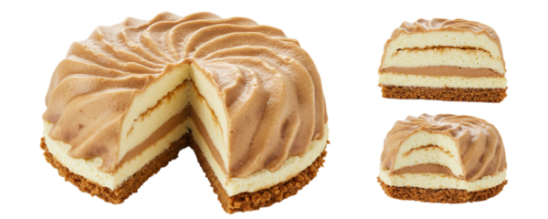 A whole caramel and coffee-flavored cheesecake shown with two individual slices cut out. This set displays both the full cake and its layered interior, perfect for bakery menus.