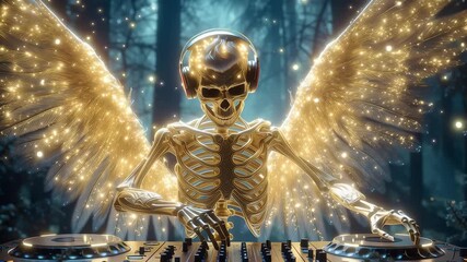 Skeleton with wings creates music using turntables in enchanted forest. Nighttime setting with luminous elements and ethereal atmosphere. Concept of music, nightlife, fantasy