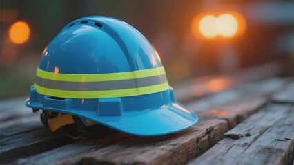 Blue safety helmet with reflective stripe resting on wooden surface