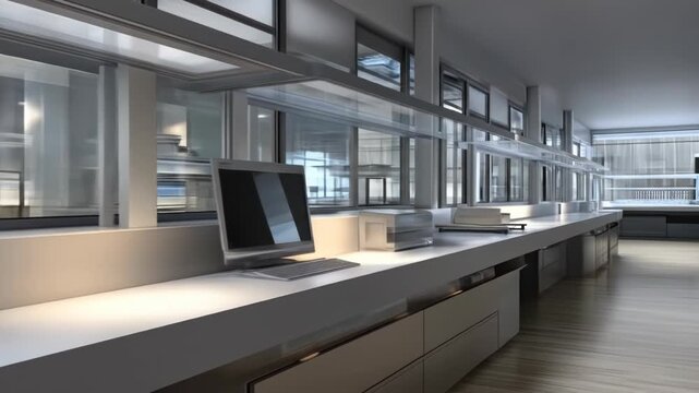 Interior shot of a modern lab featuring a long counter with a computer, windows, and scientific equipment. A bright, clean space