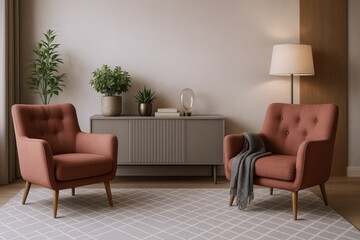 Elegant Living Room Arrangement Featuring Two Coral Armchairs, a Modern Sideboard, and Ambient Floor Lamp
