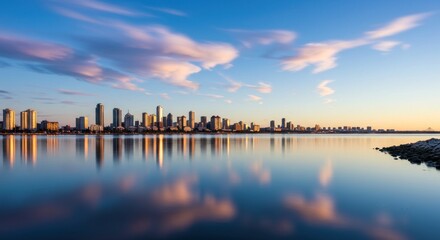 Fototapeta premium City skyline reflected in calm water at sunrise with wispy clouds