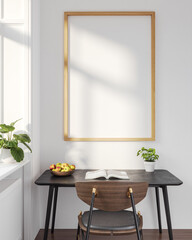 Minimalist Home Office with Wooden Frame on Wall Above Black Desk and Chair, Apples in Bowl, and Indoor Plants – Front View