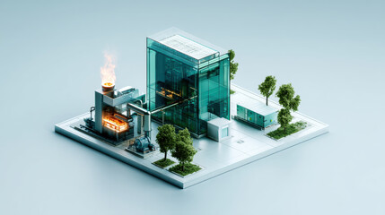 A detailed cutaway of a gasifier plant converting wood chips into syngas, with flame inside reactor chamber powering a generator module, on a clean concrete pad. isometric view. 3d illustartion.