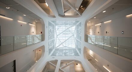 "An upward shot of a modern atrium interior with glass ceiling panels allowing natural light to flood in, featuring clean white walls and minimal structural supports. The geometry creates a sense of o
