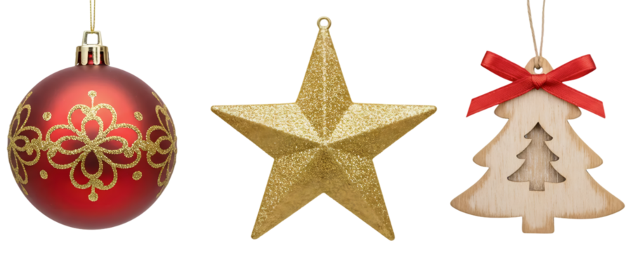 A set of three Christmas ornaments with different textures: a shiny red bauble, a golden star, and a wooden tree. This collection combines classic and rustic holiday elements. - Powered by Adobe